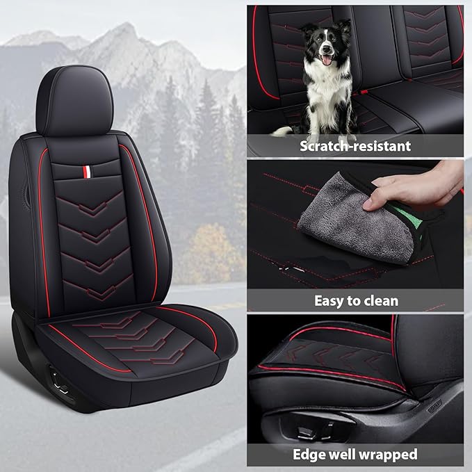 MVRVMV for Ford F-150 2010-2026 Seat Covers, Waterproof Leather Seat Cover (5 Seat Standard,Black-Red)