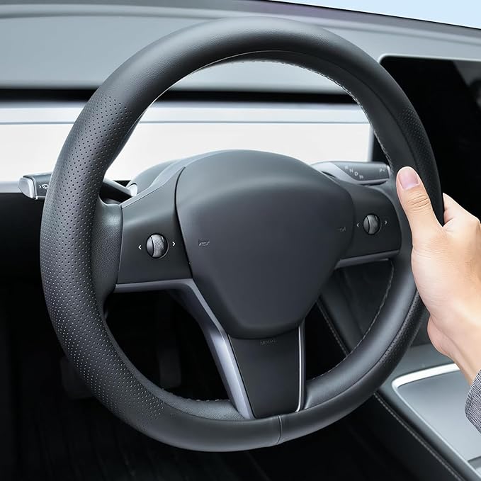 Leather Steering Wheel Cover for 2016-2025 Tesla Model 3/Y(Not for Juniper Y Highland 3),Non-Slip Breathable Steering Wheel Protector for Model 3 Y Steering Wheel,Sweatproof,Slip-on(Black)