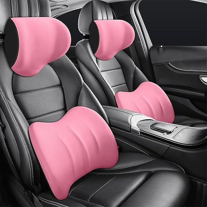 Car Headrest & Lumbar Support Cushion for Honda CRV 2023 2024 2025, Ergonomic Car Seat Headrest Memory Foam Neck and Back Pillow Kit Breathable Removable for Driving Fatigue Relief,Dpink