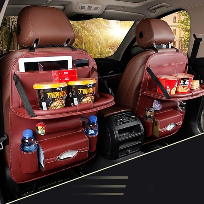 Car Seat Back Organizer PU Leather Storage Bag Universal Auto Multi-pocket Backseat Organizer with Foldable Table Tray