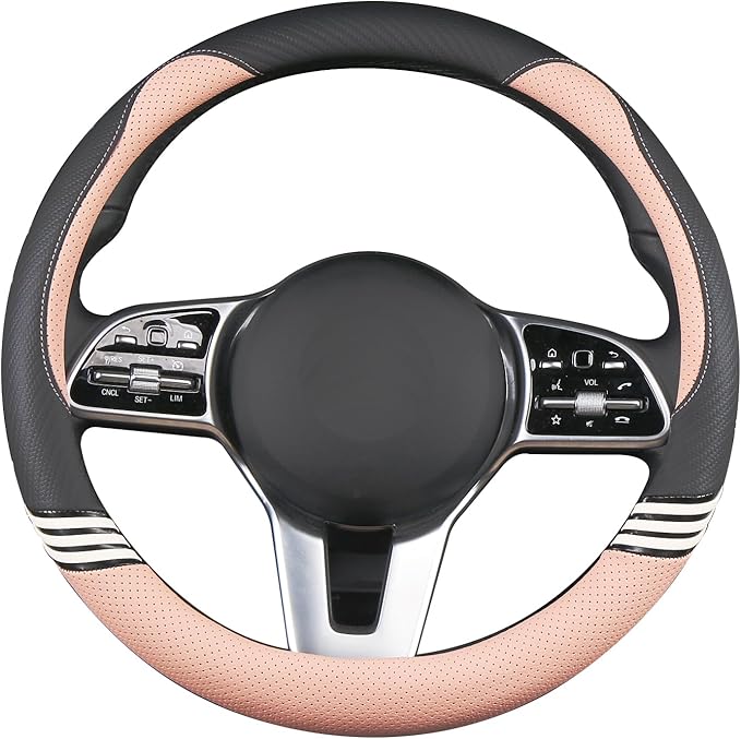 Cute Leather Car Steering Wheel Cover for Women Men Breathable Universal 15 inch Universal,Black and Pink