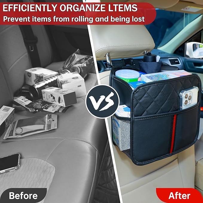 Car Seat Back Organizer, 1 Pack Multifunctional car organizers and storage with Cup Holders, Car Trash Can, Back of Seat Car Organizer for Kids & Adults, Universal for Most Cars, Black
