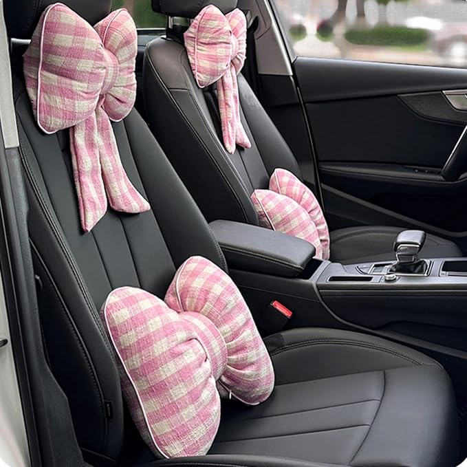 Car Accessories Plaid Bow Headrest Lumbar Pillow 4PCs Set Cotton Linen Elegant Soft Car Seat Cushions for Daily Commuting Trave (Pink Plaid,Headrest 2pcs)