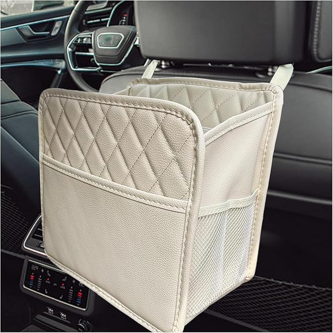 Car Seat Back Organizer, Large Capacity Foldable Car Seat Back Hanging Bag with 3 Extra Pockets, Waterproof Leather Auto Seats Storage Organizer, Car Travel Essentials Accessories (White)