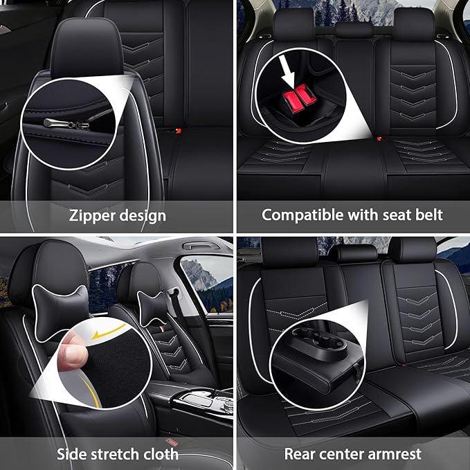 MVRVMV Luxury Car Seat Covers for Honda Pilot 2010-2026, Nappa Leather Auto Seat Cover with 2 Neck Pillows and 2 Lumbar Supports (5 Seat Luxury, Black-White)