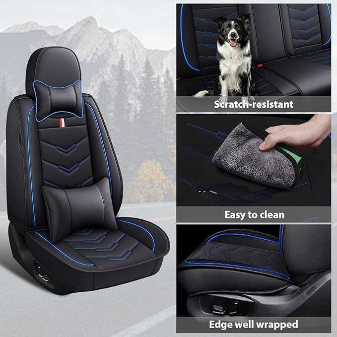 MVRVMV Seat Covers for Ford Edge 2007-2024, Waterproof Leather Auto Seat Cover with 2* Neck Pillow and 2* Lumbar Support (5 Seat Luxury,Black-Blue)