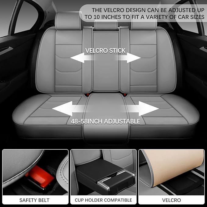WENNFOUR Car Seat Covers Full Set, Universal Automotive Front and Rear Seat Protector Fit for Cars 5 Seats, Waterproof Breathable Nappa Leather Seat Cushion for Most Vehicles SUV Pick-up Truck, Grey