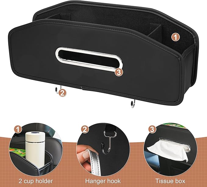 JEYODA Car Seat Back Organizer with 2 Drink Cup Holder,Car Tissue Holder and Storage Box Hook, 3 in 1 Multifunctional Storage for Food Drink Phone, Travel Accessories (Black)