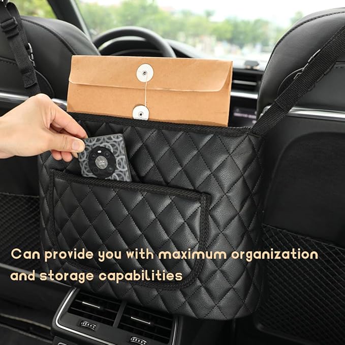 Car Purse Holder Between Seats, Leather Automotive Seat Back Organizer Large Capacity Bag, Front Seat Pocket Handbag Holder & Barrier of Backseat Pet Kids for Most Vehicles