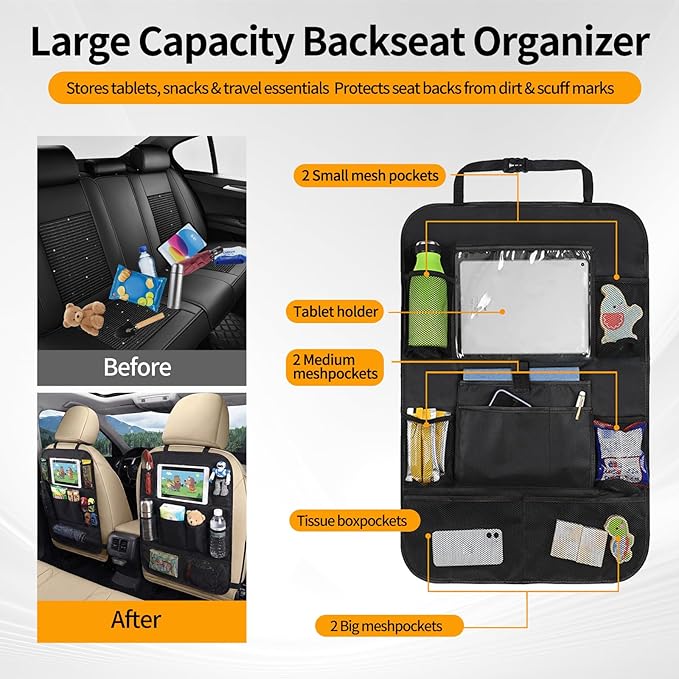 AZY 2pcs Car Organizer Set – Waterproof Oxford Backseat Storage Bag & PU Leather Visor Organizer, Multi-Pocket Seat Back Organizer for Travel, Road Trips & Daily Use