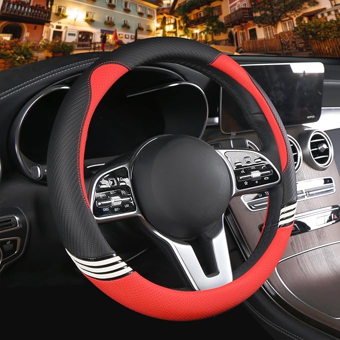 14 inch Cute Steering Wheel Cover for Women Men Faux Leather and Carbon Fiber,Black and Red