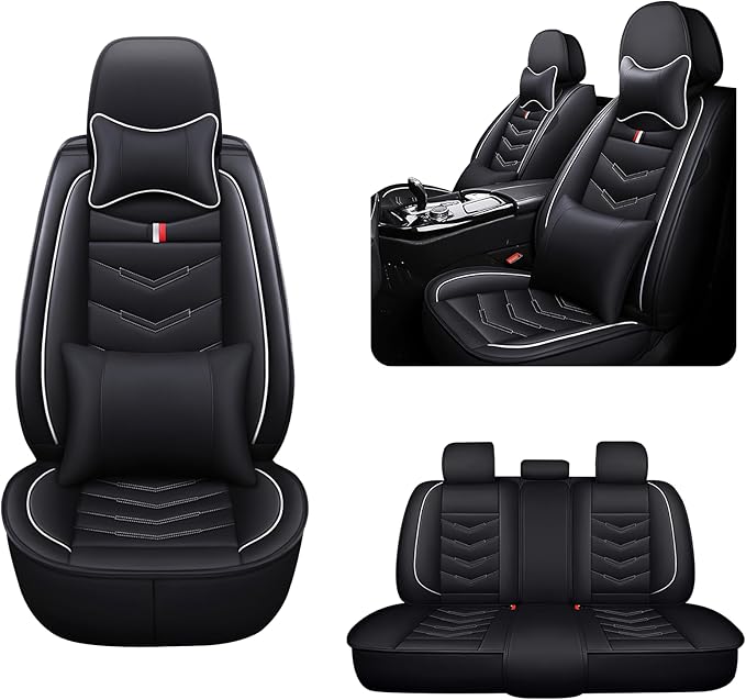 MVRVMV Luxury Car Seat Covers for Honda Pilot 2010-2026, Nappa Leather Auto Seat Cover with 2 Neck Pillows and 2 Lumbar Supports (5 Seat Luxury, Black-White)
