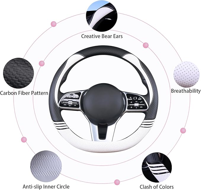14 inch Cute D Shaped Steering Wheel Cover for Women Men Faux Leather and Carbon Fiber,Black and White