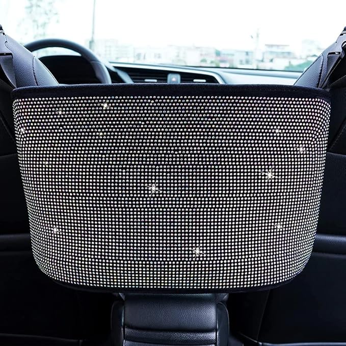 Car Net Pocket Handbag Holder Between Seat Back Organizer, Purse Holder for Console Front Seat Storage Barrier, Rhinestone Car Storage Organizer Between Front Seats, White