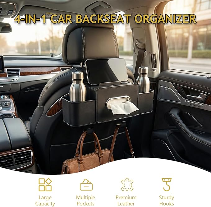 Backseat Car Organizer, 4 in 1 Multifunctional Car Back Seat Storage Organizer with Tissue Box, 2 Cup Holders, Phone Stand and Hooks, Automotive Seat Back Organizers (White)