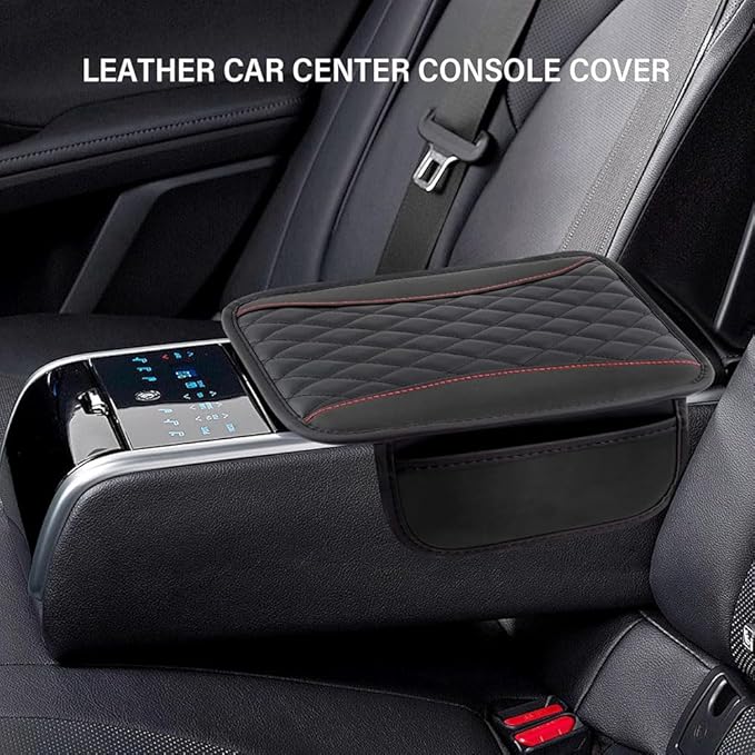 Car Center Console Cover for Jeep Wrangler 1986–2025 2026 YJ/TJ/JK/JL,Leather Armrest Pad with Side Storage Pockets,Waterproof Console Lid Protector,Auto Interior Accessories,Black