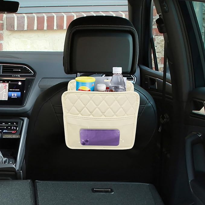 Car Seat Back Organizer, Car Organizers and Storage, PU Leather Vehicle Backseat Hanging Storage Pocket, Multipurpose Auto Travel Essentials Accessories for Kids & Adults, Universal for Cars (Beige)