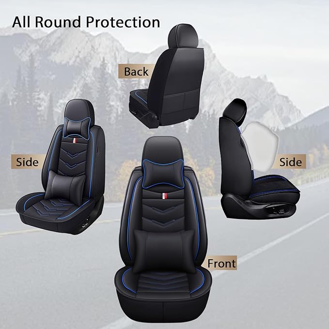 MVRVMV Seat Covers for Ford Mustang 2006-2026, Waterproof Leather Auto Seat Cover with 2* Neck Pillow and 2* Lumbar Support (5 Seat Luxury,Black-Blue)