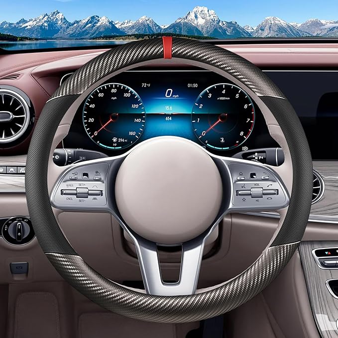 Black & Grey Carbon Fiber Leather Steering Wheel Cover, Microfiber Leather, Anti-Slip, Breathable, Universal Fit for 14.5–15 in Steering Wheel Cover for Men Women