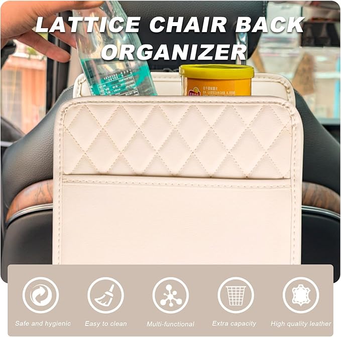 2 PCS Car Seat Back Organizer, Large Capacity Foldable Car Seat Back Hanging Bag with 3 Extra Pockets, Waterproof Leather Auto Seats Storage Organizer, Car Travel Essentials Accessories (White)