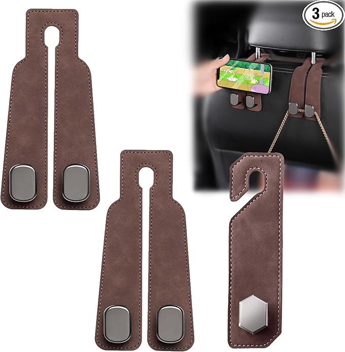 3PCS Car Seat Back Hook, Leather Car Seat Organiser Hooks, Universal Car Back Seat Headrest Hanger ,Car Seat Purse Hook,Car Hanger Storage Car Seat Back Organizer for Bags,Purses, Handbags (Brown)
