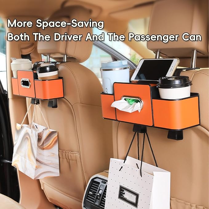 Geshus Backseat Organizers Hanging Storage, Car Seat Back Organizer With Tissue Holder, For Hold Phone,Drinks,Handbag,Compatible With Most Vehicles (Orange)