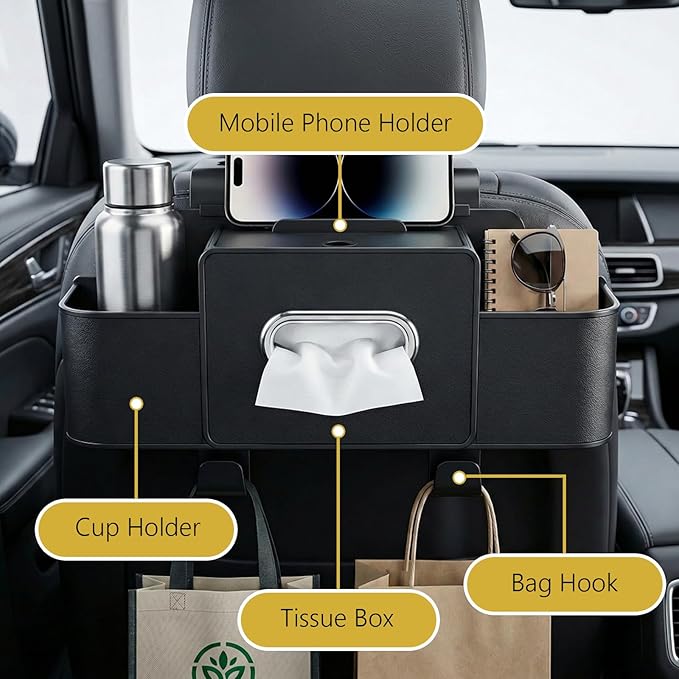 Backseat Car Organizer, 4 in 1 Multifunctional Car Back Seat Storage Organizer with Tissue Box, 2 Cup Holders, Phone Stand and Hooks, Automotive Seat Back Organizers (White)