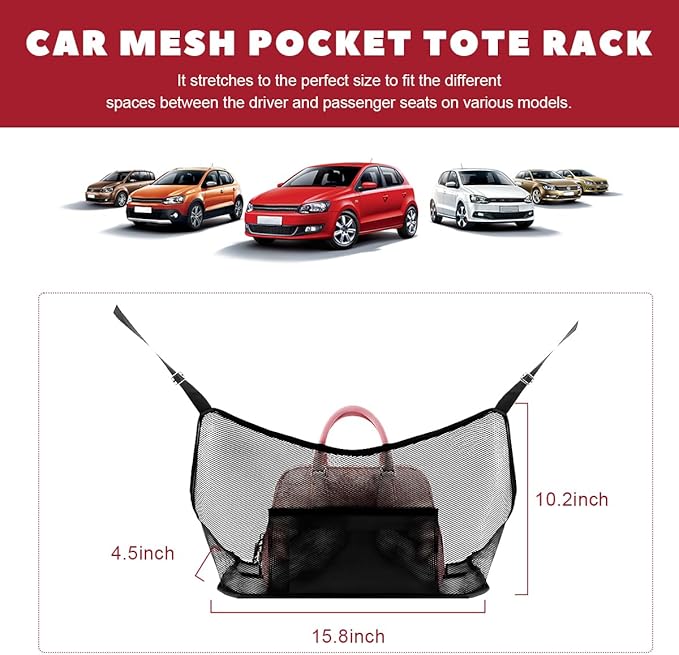 Car Net Pocket Handbag Holder, Driver Storage Netting Pouch Between Seats, Large Capacity Seat Back Organizer Mesh Pocket for Purses and Bags, Auto Backseat Pet Kids Barrier (Black)