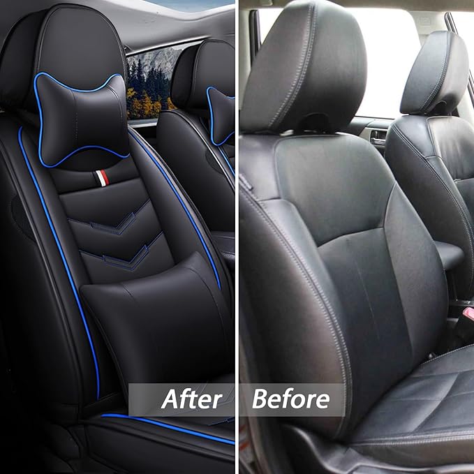 MVRVMV Luxury Car Seat Covers for Ford Explorer 2012-2026, Nappa Leather Auto Seat Cover with 2 Neck Pillows and 2 Lumbar Supports (2 Seat Luxury, Black-Blue)