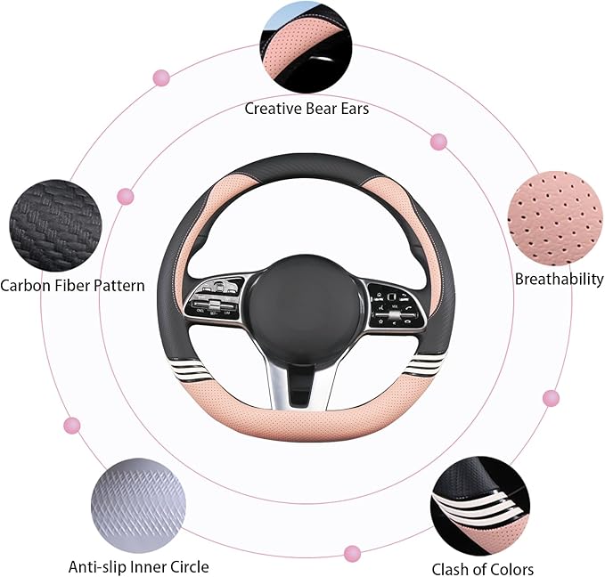 Cute Steering Wheel Cover D Shape for Women Men Breathable Universal 15 inch,Black and Pink