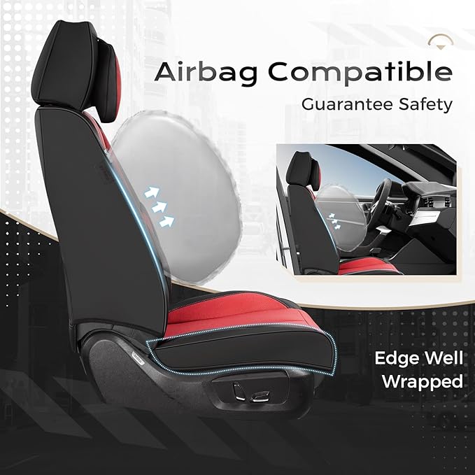 Coverado Seat Covers Full Set, 5 Seats Seat Covers for Cars, Waterproof Nappa Leather Car Seat Covers with Head Pillow, Seat Protectors Car Seat Cushion Universal Fit for Most Cars (Black&Red)