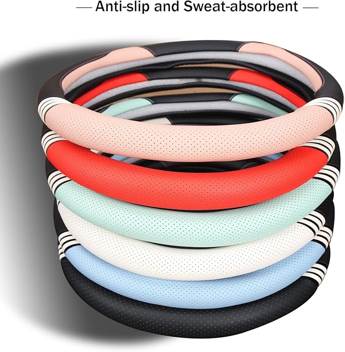 14 inch Cute Steering Wheel Cover for Women Men Faux Leather and Carbon Fiber,Black