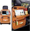 Car Seat Back Organizer, Leather Vehicle Seatback Storage Pocket with Foldable Table Tray, Multifunctional Automotive Backseat Protectors Kick Mats Accessories, Universal Fit (Brown)