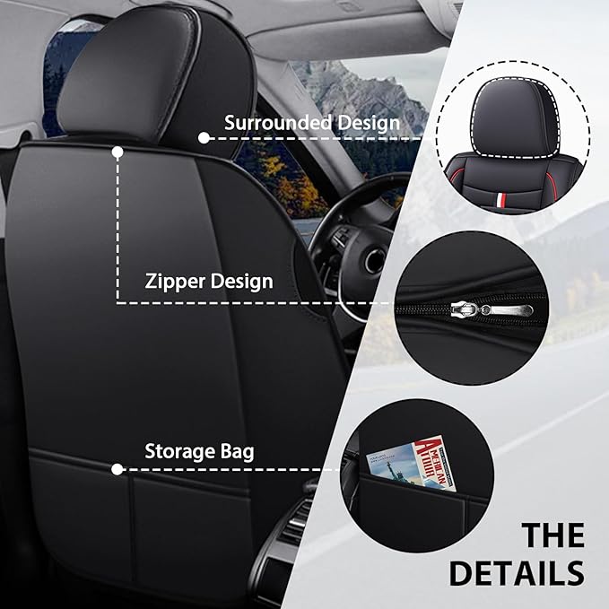 MVRVMV for Ford F-350 2010-2026 Seat Covers, Waterproof Leather Seat Cover with 2* Neck Pillow and 2* Lumbar Support (2 Seat Luxury,Black-Red)