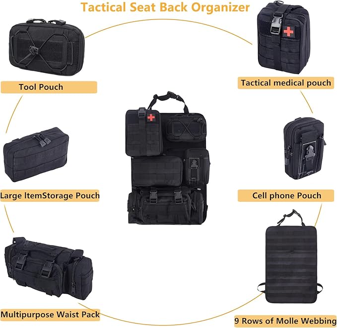 truck seat organizer and storage tactical car back seat back organizer with a Molle Vehicle Panel and 5 Different Size Molle Pouches for most models such as Jeep,SUV,Pickup (Black)