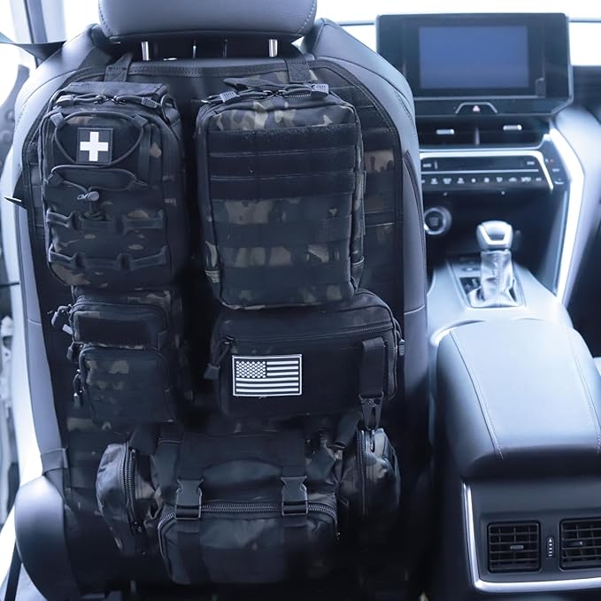 Universal Tactical Car Seat Back Organizer Bag Tactical Molle Vehicle Organizers Panel Vehicle Protector Organizers with 5 Detachable Pouches for Car (Upgraded B BCA)
