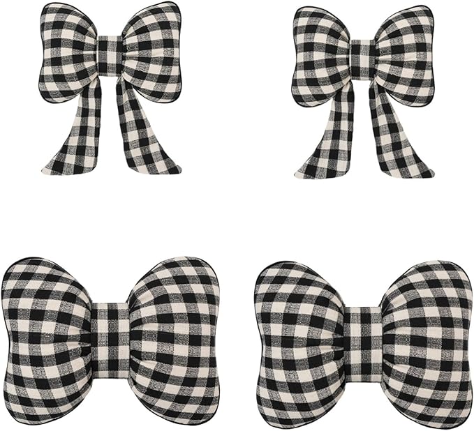 Car Accessories Plaid Bow Headrest Lumbar Pillow 4PCs Set Cotton Linen Elegant Soft Car Seat Cushions for Daily Commuting Trave (Black Plaid,4pcs)