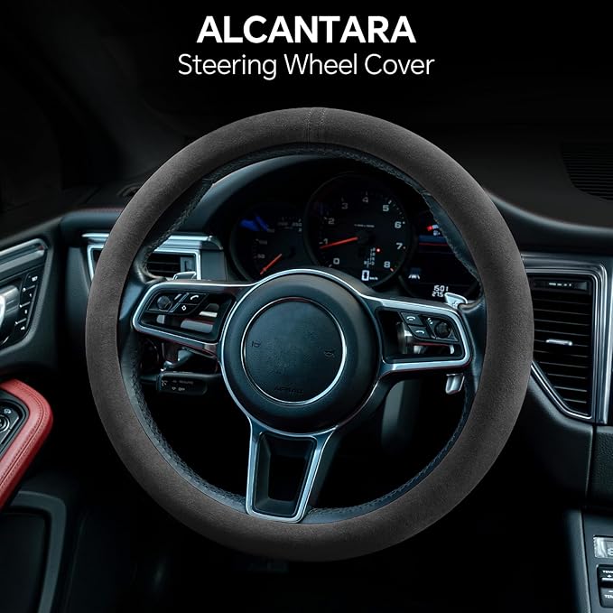 PAUUOOA Alcantara Sports Steering Wheel Cover 14.5" to 15" Fit - Anti-Slip Comfort Grip, Durable Soft Suede-Feel Luxury Material for Men Drivers | Fits Sports Cars, Luxury Cars, Sedans, SUVs and EV