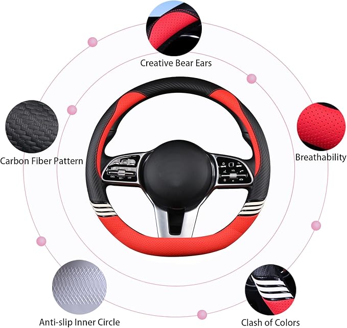 Cute Steering Wheel Cover D Shape for Women Men Breathable Universal 15 inch,Black and Red