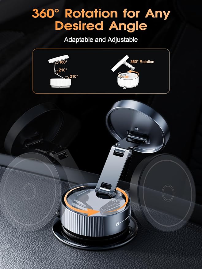 Upgraded Vacuum Magnetic Phone Holder for MagSafe,Double-Foldable Suction Cup Phone Mount,360° Rotatable Phone Mount for All Smartphones & All Car Models- Grey