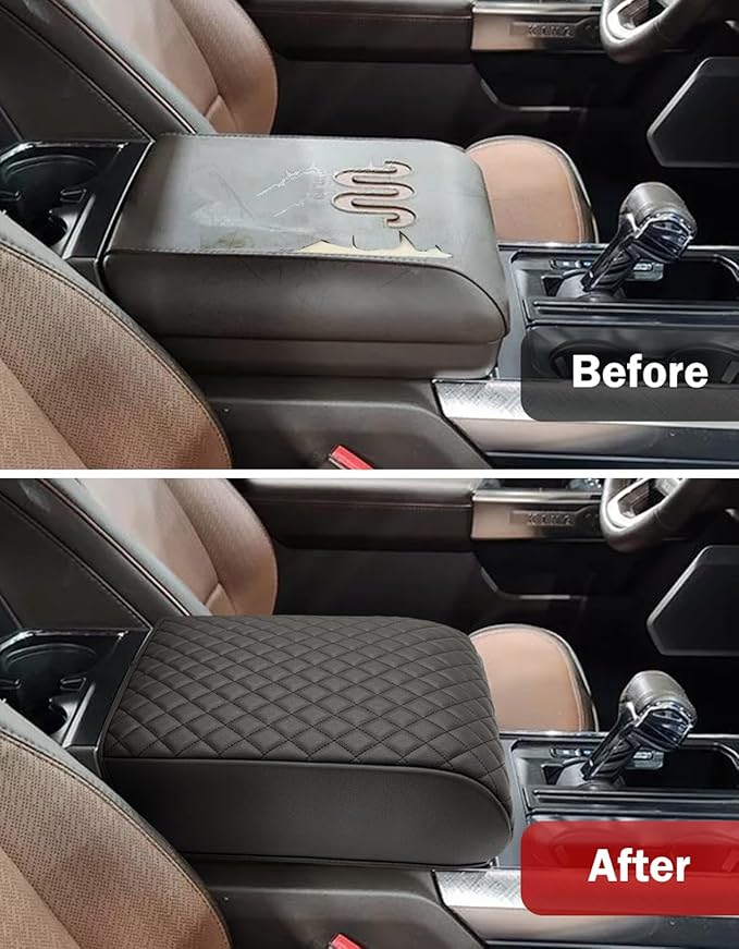 KBH Center Console Armrest Cover for 2021-2026 Ford F150, PU Leather, Middle Console Lid Protector, Arm Rest Cushion Thick Pad, King Ranch Brown (Fits Bucket Seat Console Only)