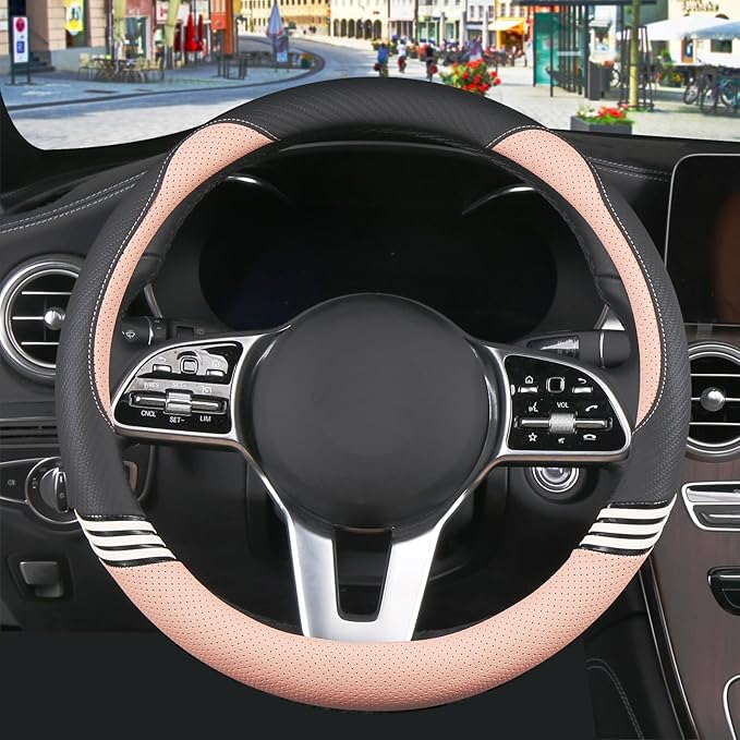 Cute Leather Car Steering Wheel Cover for Women Men Breathable Universal 15 inch Universal,Black and Pink