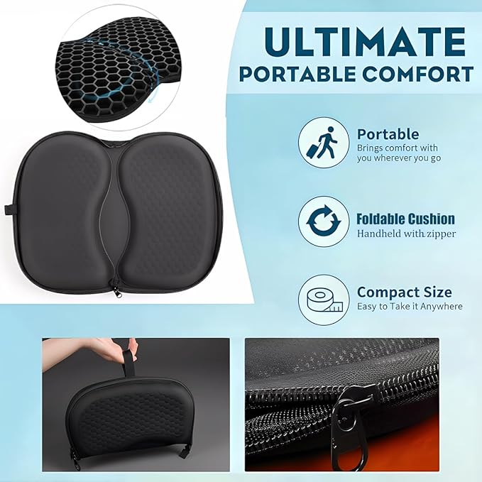 masteymoh Foldable Seat Cushion for Travel, Honeycomb Gel Cushion with Zipper & Handle, Portable Silicone Gel Seat Cushion for Cars, Honeycomb Butt Pillow 15.8 x 13.3 x 1.4 Inches (1 in Black)