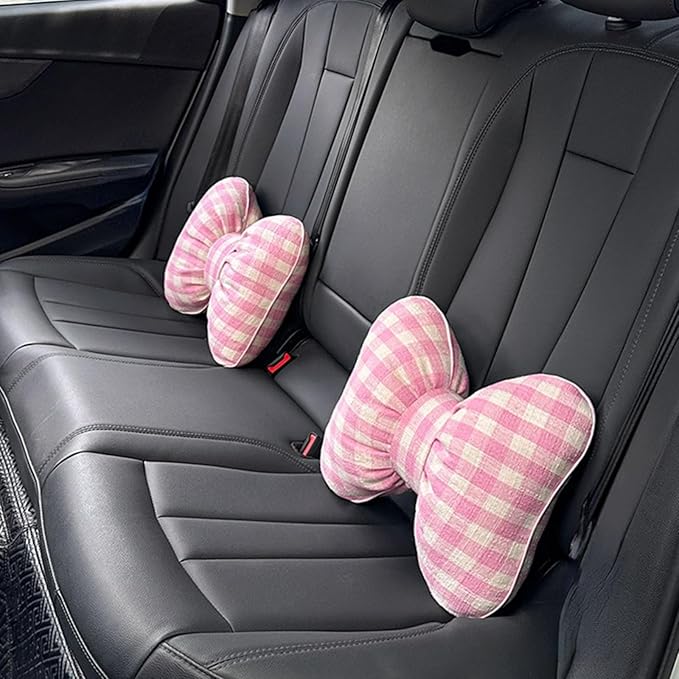 Car Accessories Plaid Bow Headrest Lumbar Pillow 4PCs Set Cotton Linen Elegant Soft Car Seat Cushions for Daily Commuting Trave (Pink Plaid,Lumbar Pillow 2pcs)