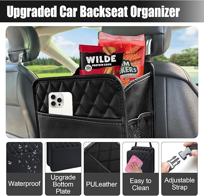 Foldable Car Seat Back Organizer, Large Capacity Hanging Car Backseat Storage Bag with Cup Holders, PU Leather Waterproof Car Trash Bag Can, Car Travel Accessories for Most Vehicles (1PC)