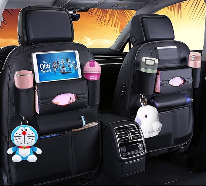 Backseat Car Organizer, Black Backseat Organizers PU Leather Storage Bag Holder Pocket Back Seat Protector Kick Mats Seat Back Organizer for Kids