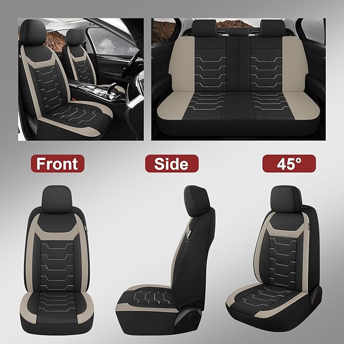 CAROMOP Breathable Car Seat Cover 2 Front Seats, 3D Air Mesh Cloth Seat Covers for Cars, Universal Fit Automotive Car Interior Covers for SUV Vans Sedans Trucks(Black/Beige)