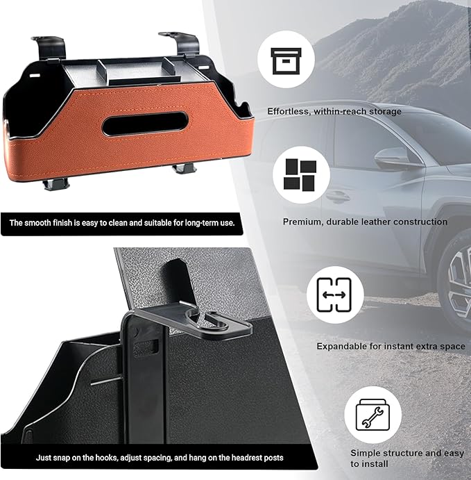 Sporacingrts Car Seat Back Organizer with Cup Holders, Tissue Box, Hooks, Phone Slot, Brown PU Leather Storage Box for Backseat, 1 Pack, Fits Most Cars SUVs Trucks