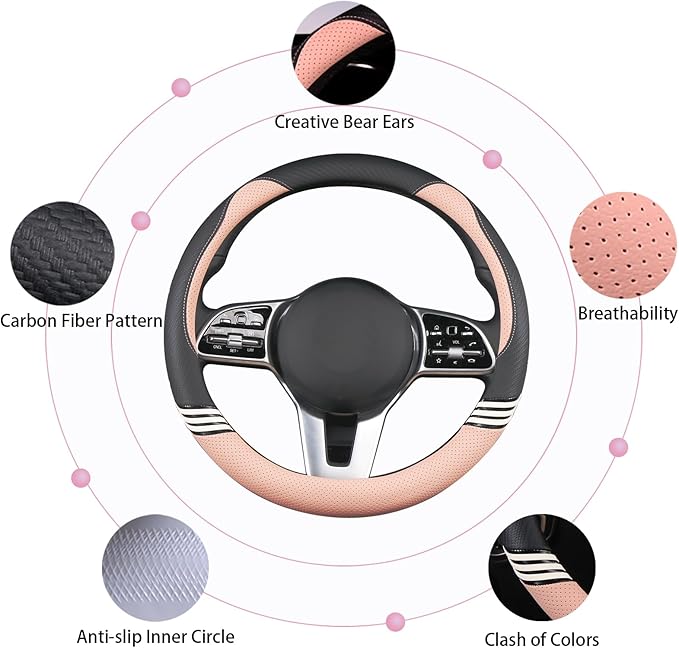 Cute Leather Car Steering Wheel Cover for Women Men Breathable Universal 15 inch Universal,Black and Pink