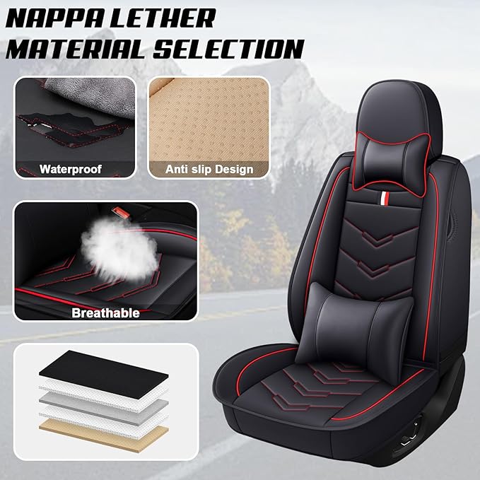MVRVMV for Ford Explorer 2007-2026 Seat Covers, Waterproof Leather Seat Cover with 2* Neck Pillow and 2* Lumbar Support (5 Seat Luxury,Black-Red)